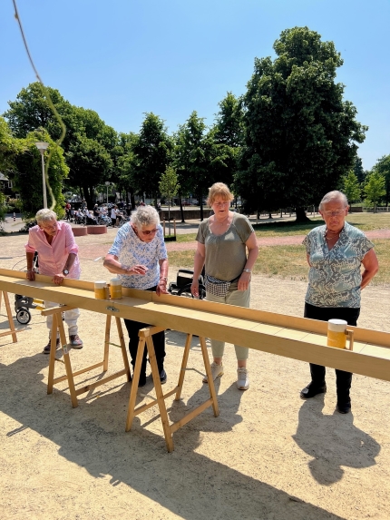 Oudere damens sjoelen met nep-bier pullen
